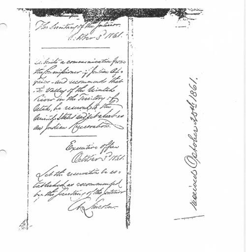 Abraham Lincoln Signs Document to establish the Uintah Valley Reservation 1863.